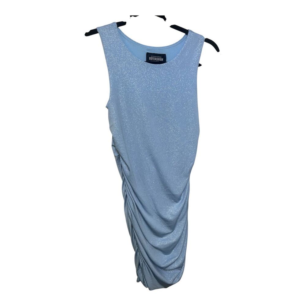 UDT Fashion Baby Blue Sparkle Ruched Midi Dress – Medium